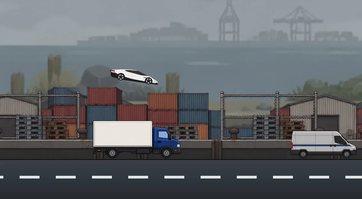 The Harbor world, with traffic on the road