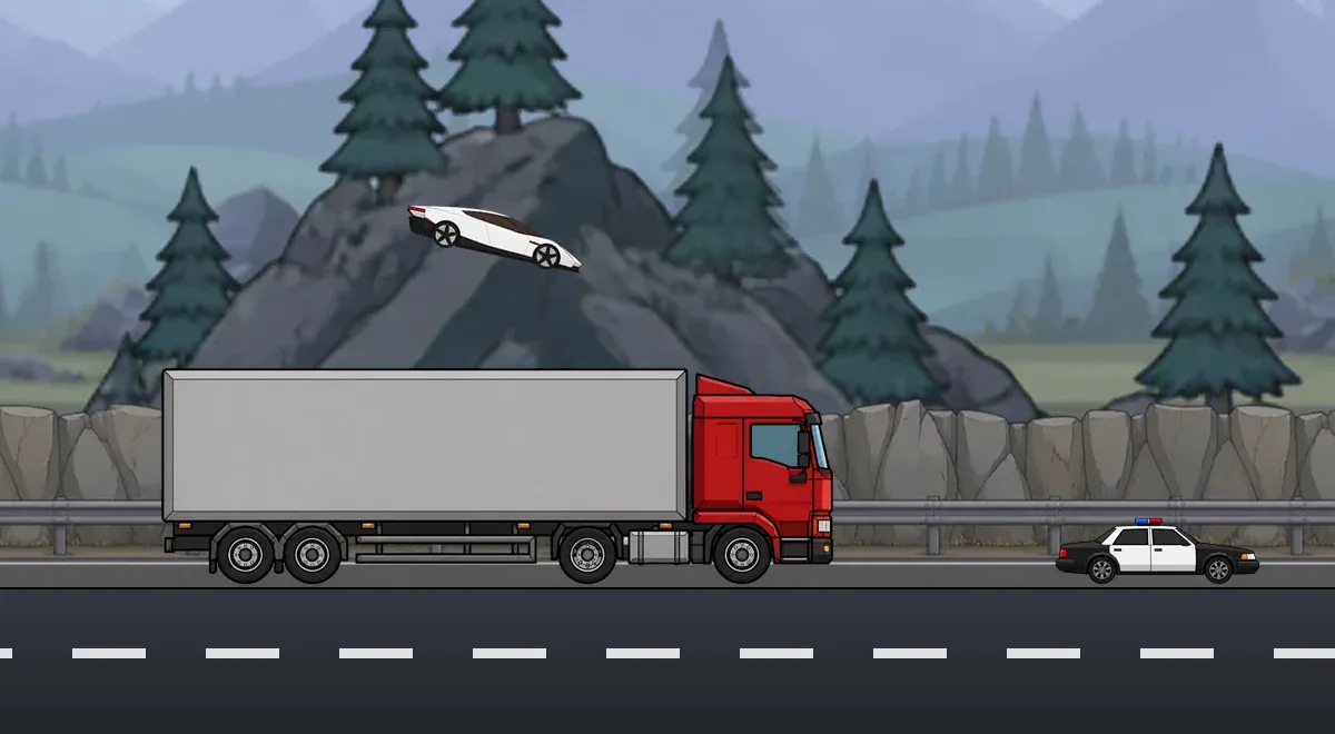 The Mountain Pass world, with traffic on the road